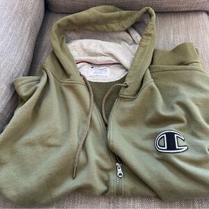 Champion Hoodie Mens 2XL Green Full Zip Authentic Athleticwear Sweatshirt Logo